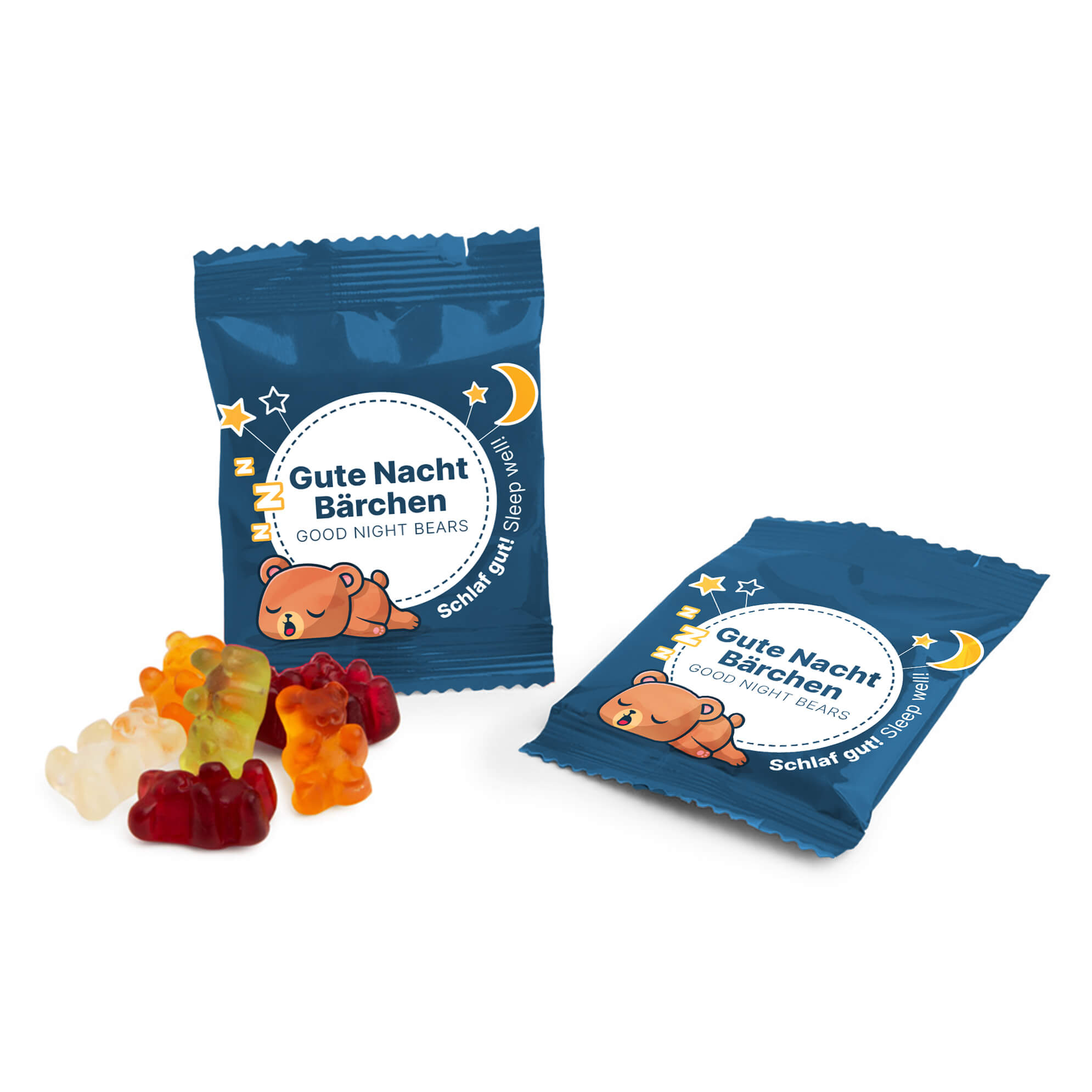 Zwei Päckchen Fruchtgummi Gummibärchen „Gute Nacht“ für Hotels mit Verpackung im Farbton blau/blaubeere mit ein paar unterschiedlich farbigen Gummibärchen.